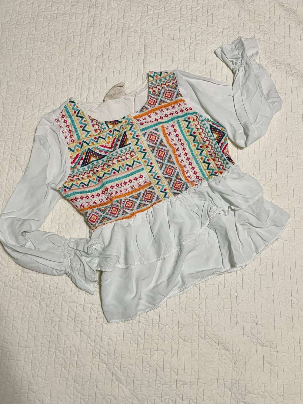 Savanna Jane White Peplum Blouse with Colorful Geometric Embroidery
